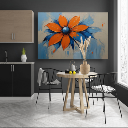 Oranje-Blauwe Bloei met Levendige Druppels canvas met baklijst