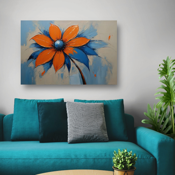 Oranje-Blauwe Bloei met Levendige Druppels canvas met baklijst