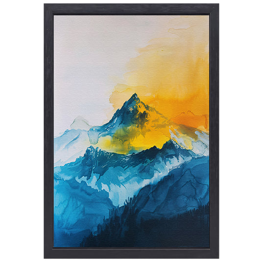 Abstracte aquarel van bergen en zon canvas met baklijst