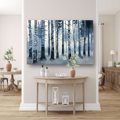 Mystiek berkenbos gehuld in ochtendmist canvas