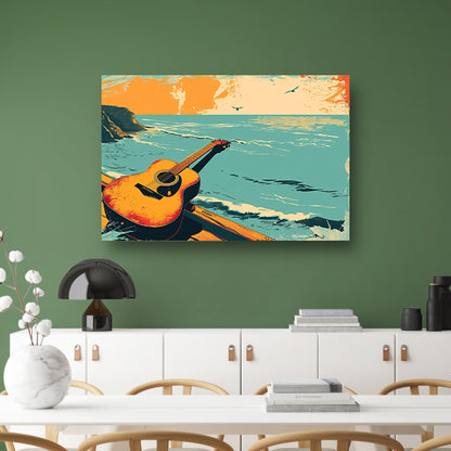 Gitaar aan de kust bij zonsondergang poster