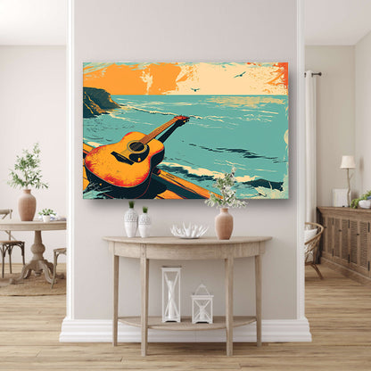 Gitaar aan de kust bij zonsondergang poster