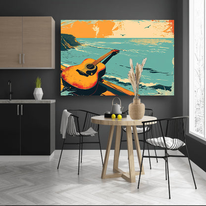 Gitaar aan de kust bij zonsondergang canvas