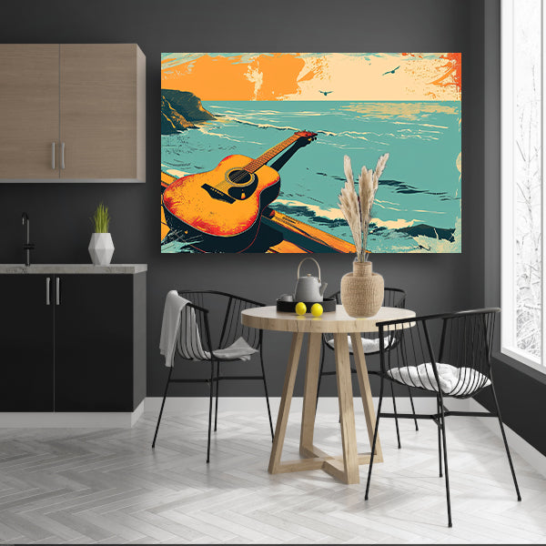 Gitaar aan de kust bij zonsondergang poster