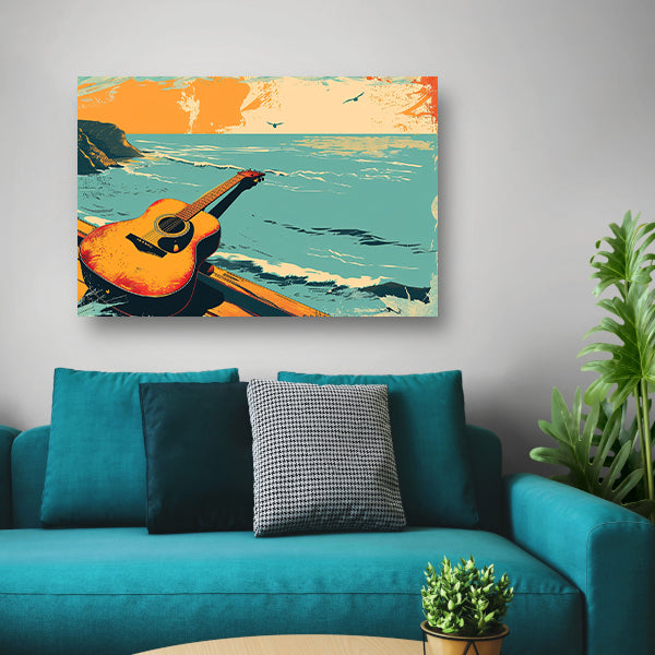 Gitaar aan de kust bij zonsondergang poster