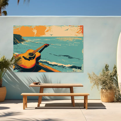 Gitaar aan de kust bij zonsondergang tuinposter
