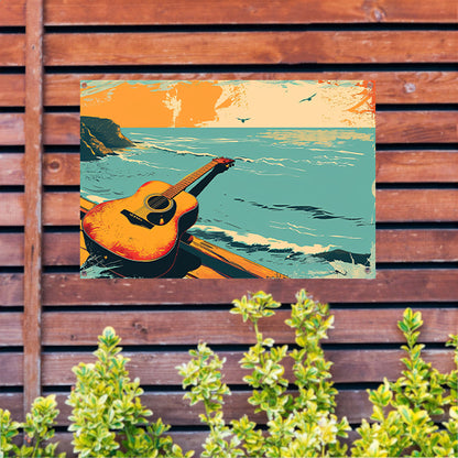 Gitaar aan de kust bij zonsondergang tuinposter