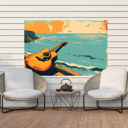 Gitaar aan de kust bij zonsondergang tuinposter