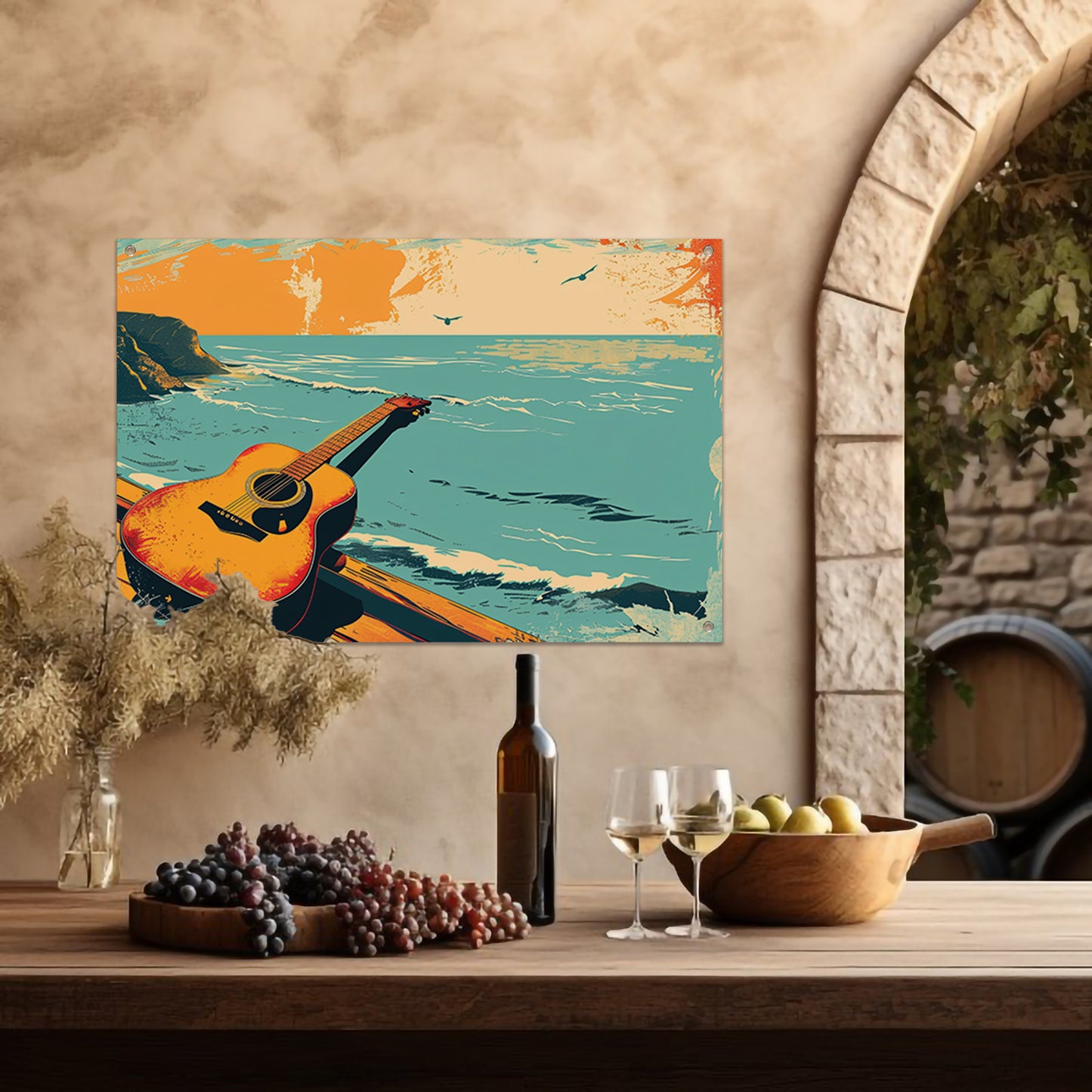 Gitaar aan de kust bij zonsondergang tuinposter