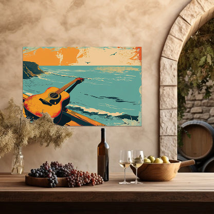 Gitaar aan de kust bij zonsondergang tuinposter