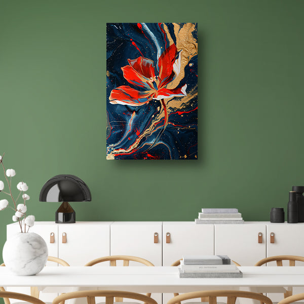 Abstract schilderij van bloem met dynamische kleuren canvas met baklijst