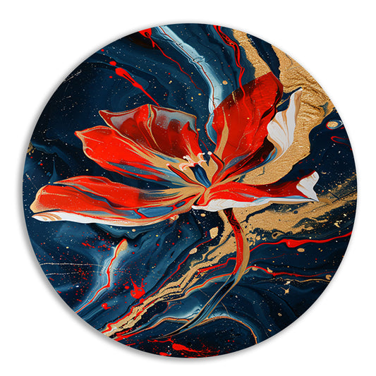 Abstract schilderij van bloem met dynamische kleuren aluminium muurcirkel