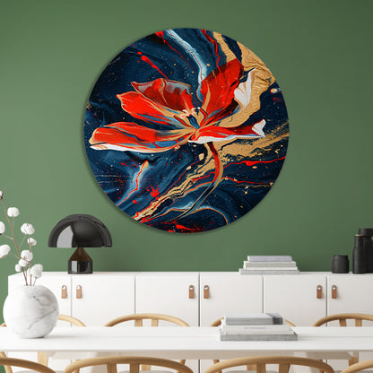 Abstract schilderij van bloem met dynamische kleuren aluminium muurcirkel