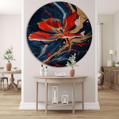 Abstract schilderij van bloem met dynamische kleuren aluminium muurcirkel