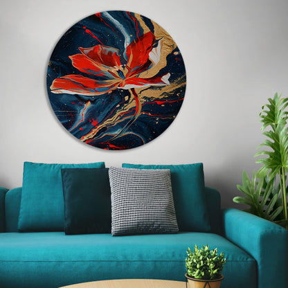 Abstract schilderij van bloem met dynamische kleuren aluminium muurcirkel