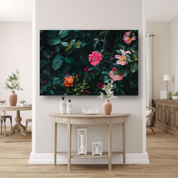 Kleurrijke Bloemen in Groen Gebladerte   canvas