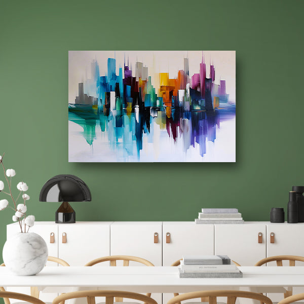 Kleurrijke abstracte skyline met reflecties poster