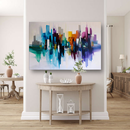 Kleurrijke abstracte skyline met reflecties poster