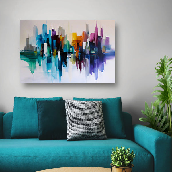 Kleurrijke abstracte skyline met reflecties poster
