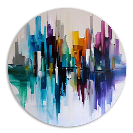 Kleurrijke abstracte skyline met reflecties aluminium muurcirkel