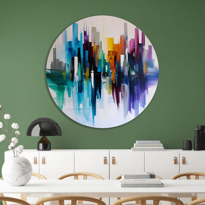 Kleurrijke abstracte skyline met reflecties forex muurcirkel