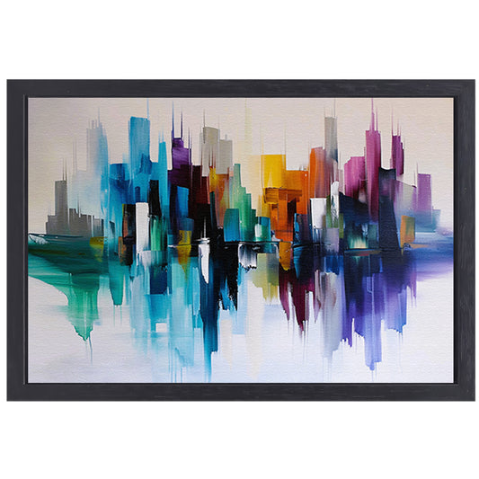 Kleurrijke abstracte skyline met reflecties canvas met baklijst