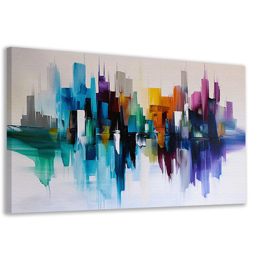 Kleurrijke abstracte skyline met reflecties canvas