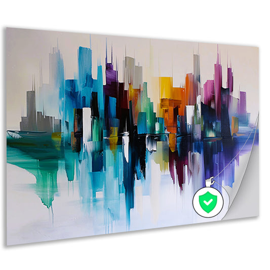 Kleurrijke abstracte skyline met reflecties poster