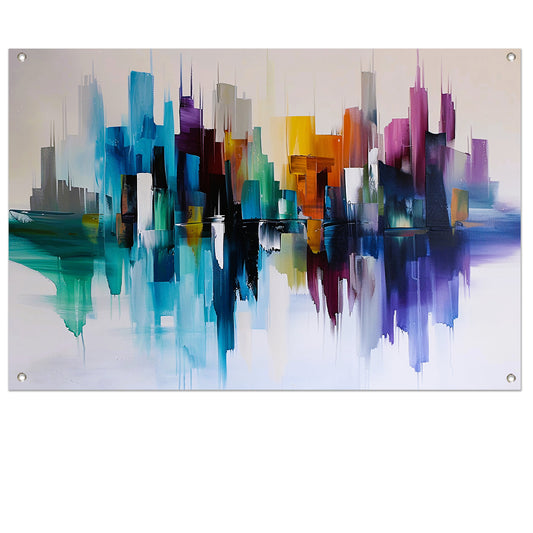 Kleurrijke abstracte skyline met reflecties tuinposter