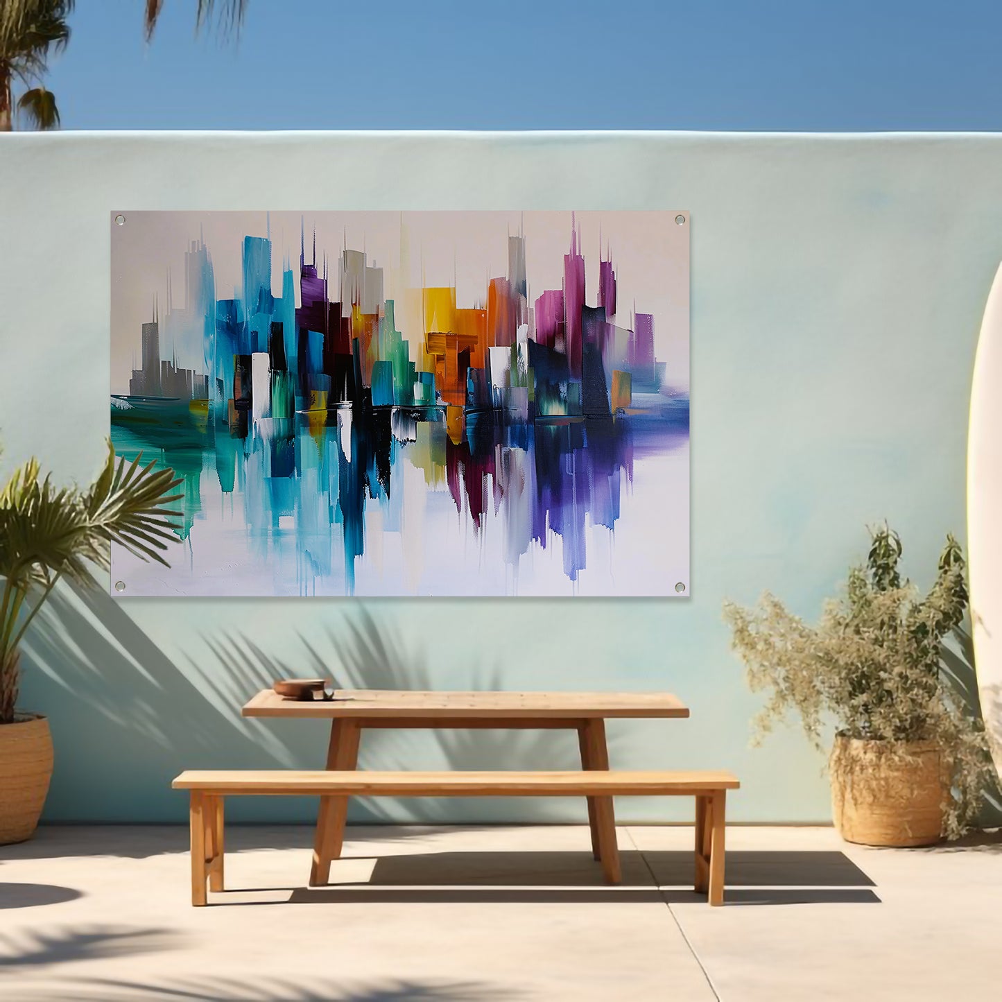 Kleurrijke abstracte skyline met reflecties tuinposter