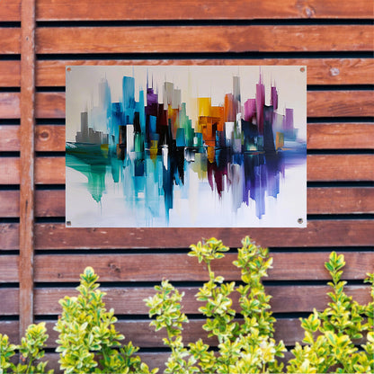 Kleurrijke abstracte skyline met reflecties tuinposter