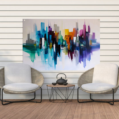 Kleurrijke abstracte skyline met reflecties tuinposter