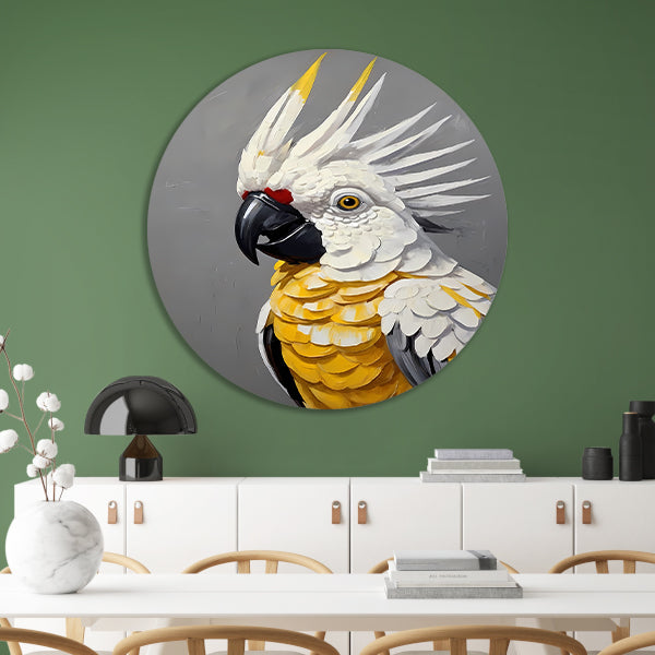 Elegante Geelkuifkaketoe in Moderne Kunst aluminium muurcirkel