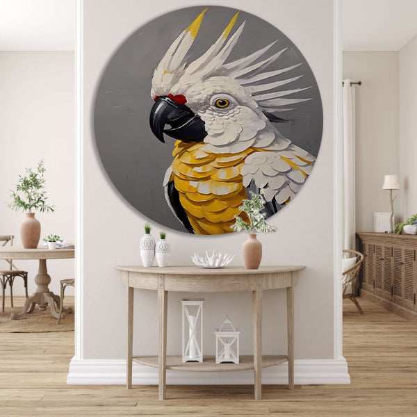 Elegante Geelkuifkaketoe in Moderne Kunst aluminium muurcirkel