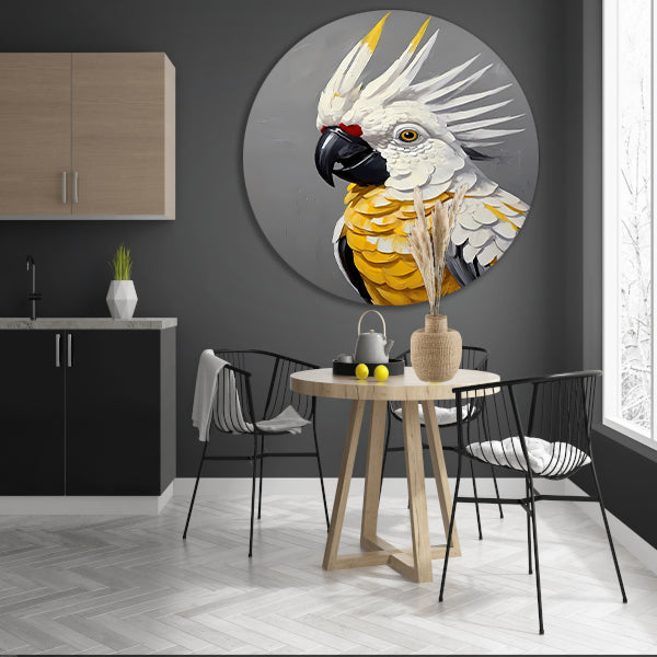 Elegante Geelkuifkaketoe in Moderne Kunst aluminium muurcirkel