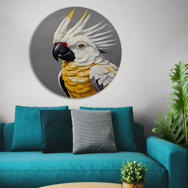 Elegante Geelkuifkaketoe in Moderne Kunst aluminium muurcirkel