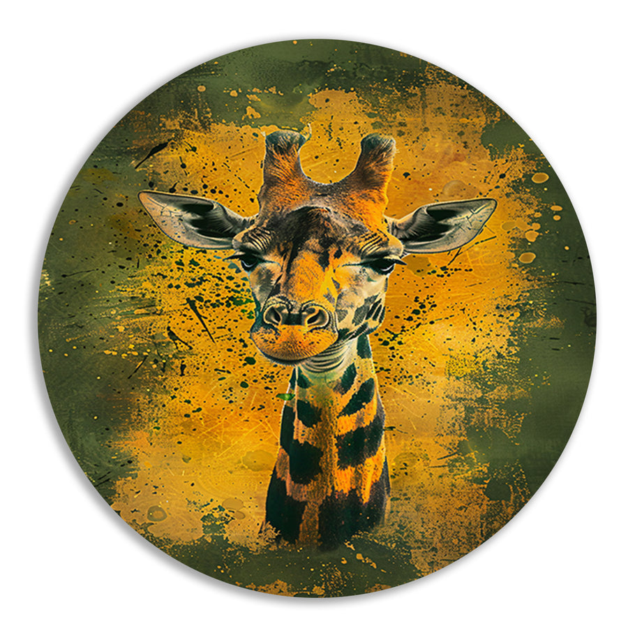 Kleurrijk giraffeportret met dynamische achtergrond aluminium muurcirkel