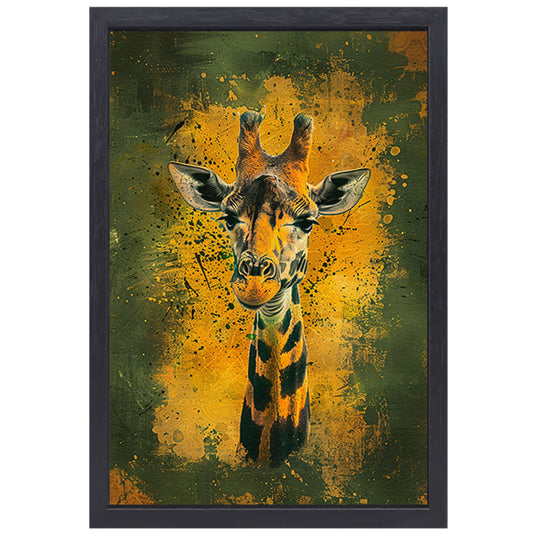 Kleurrijk giraffeportret met dynamische achtergrond canvas met baklijst