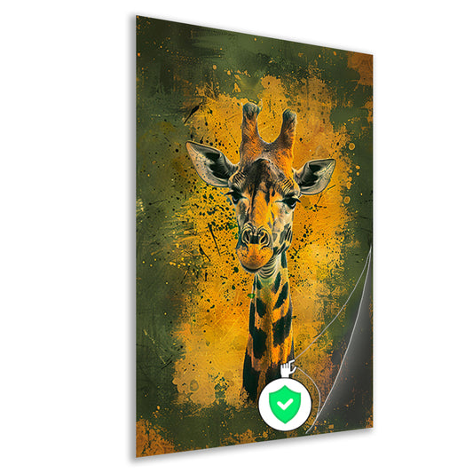 Kleurrijk giraffeportret met dynamische achtergrond poster