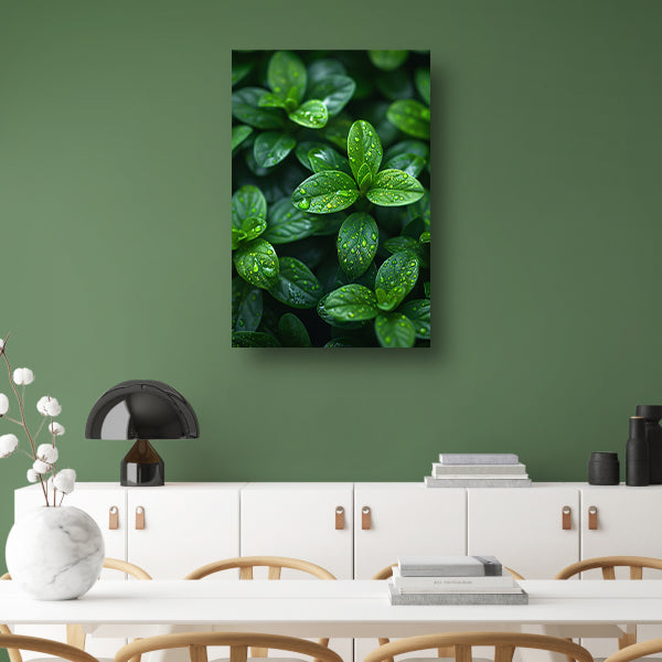 Close-up van groene bladeren met dauwdruppels canvas met baklijst