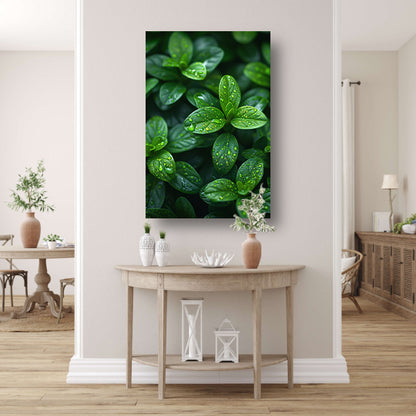 Close-up van groene bladeren met dauwdruppels canvas