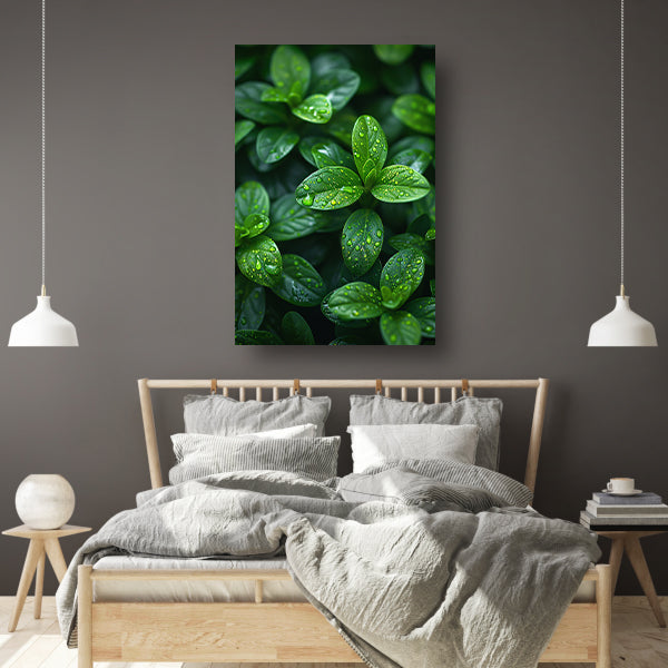 Close-up van groene bladeren met dauwdruppels canvas met baklijst