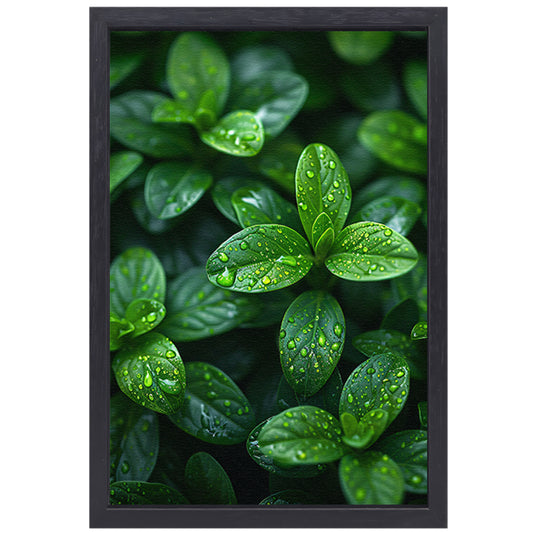 Close-up van groene bladeren met dauwdruppels canvas met baklijst