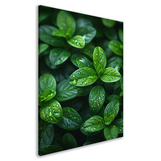 Close-up van groene bladeren met dauwdruppels canvas