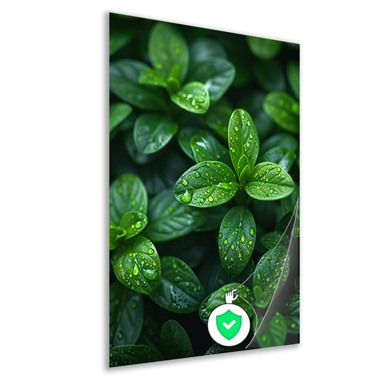 Close-up van groene bladeren met dauwdruppels poster