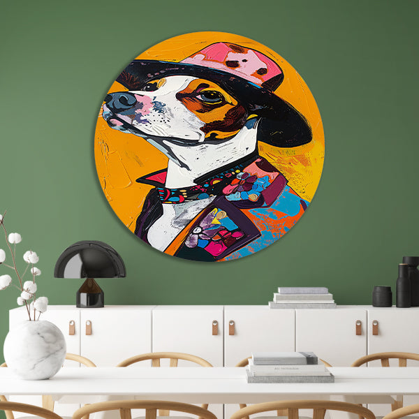 Kleurrijk Pop Art Hond in Hoed forex muurcirkel