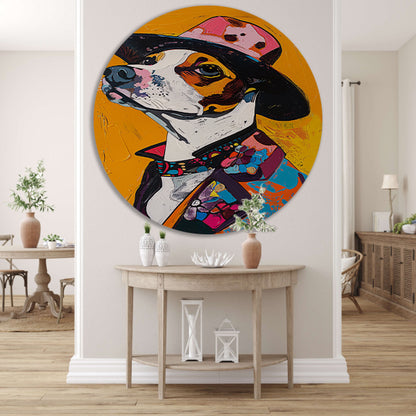 Kleurrijk Pop Art Hond in Hoed aluminium muurcirkel