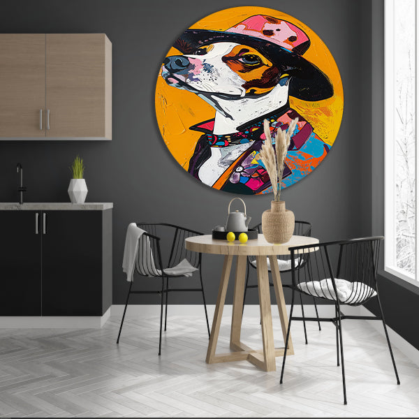 Kleurrijk Pop Art Hond in Hoed aluminium muurcirkel