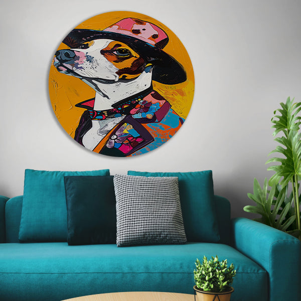 Kleurrijk Pop Art Hond in Hoed aluminium muurcirkel