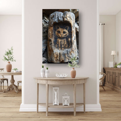 Houtsnijwerk van een Kat in een Boomstam canvas met baklijst
